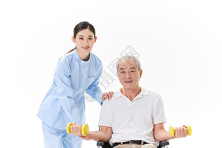 重阳字护工协助老人做康复训练背景