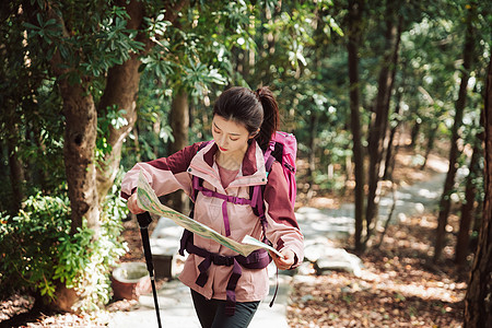 背包爬山登山女性看地图背景