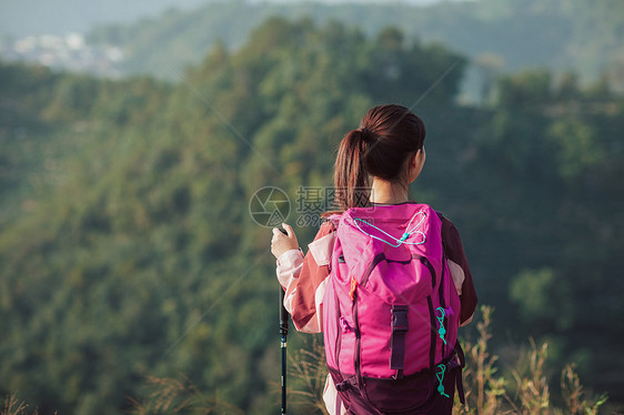 青年女性登山背影图片