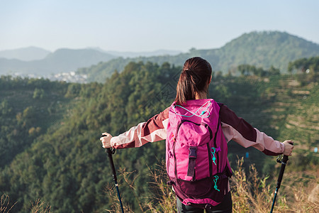 青年女性登山背影图片