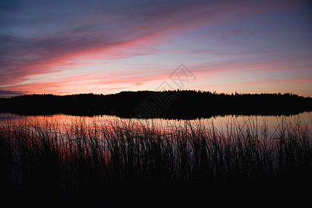 黄昏红天下的湖泊和森林图片
