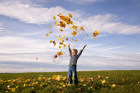 男孩向空中撒树叶背景图片