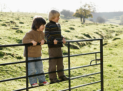 两个男孩在乡下的大门口荡秋千图片