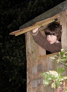 树屋窗口的小男孩图片