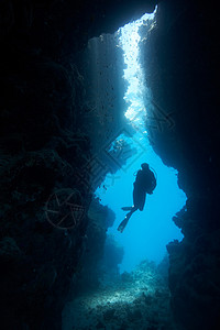 潜水的人潜水员在水下洞穴背景