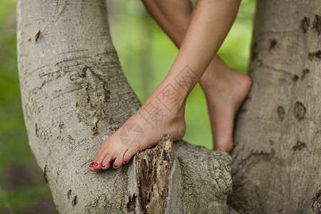 站在树上的年轻女子的光腿和脚图片