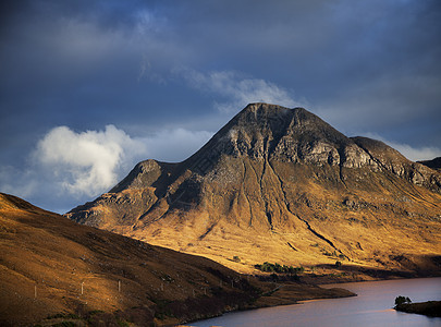 英国苏格兰西北高地亚辛特山湖和戏剧性的天空背景图片