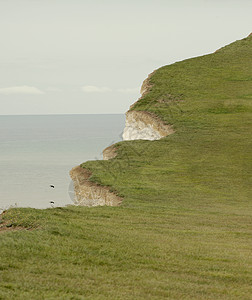 英国伊斯特伯恩，长满青草的白垩悬崖顶，边缘断裂图片
