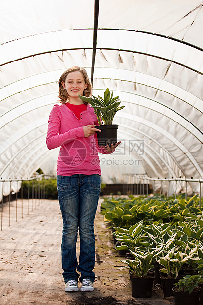 女孩手持盆栽植物图片