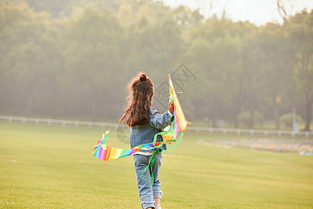 飞走夕阳下小女孩草坪上放风筝背影背景