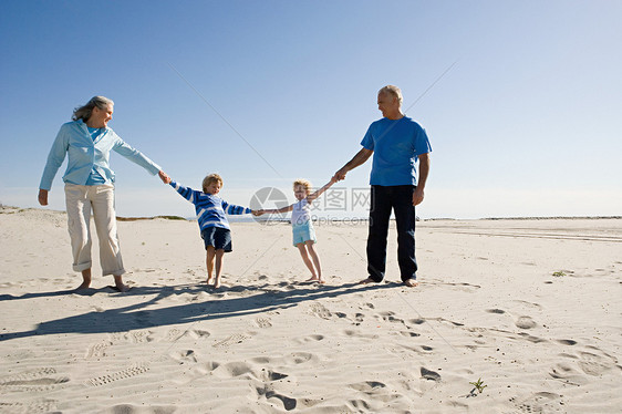 祖父母和孙子孙女手牵着手，在海滩上散步图片