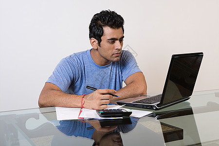 一个在笔记本电脑上整理财务的人图片