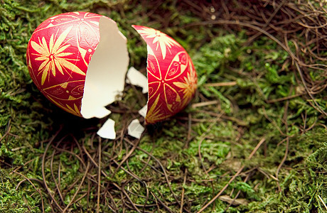 草地上破碎的复活节彩蛋图片