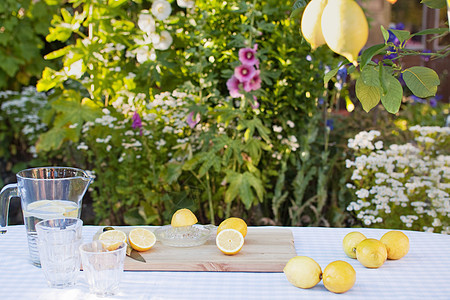 桌上的柠檬和水瓶图片