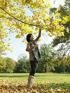 女人在摘秋枝上的叶子图片