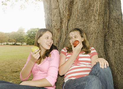 女孩们在树旁吃苹果图片