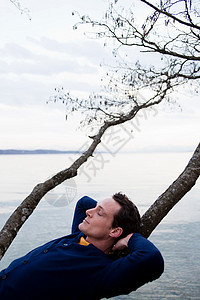 在湖边树上休息的人图片