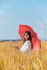 文艺美女手撑红伞图片