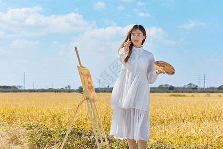 文艺清新美女户外油画写生图片