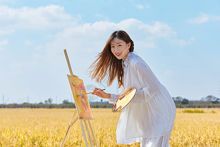 文艺清新美女户外油画写生图片