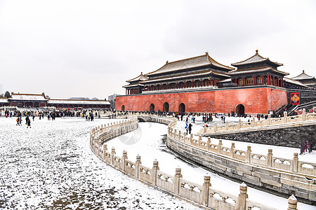 古代城门北京故宫博物院城门护城河雪景背景