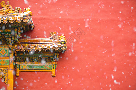 中式传统建筑北京故宫红墙的雪景背景