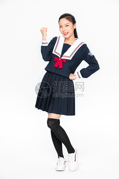 学院风大学生JK服美女握拳加油庆祝图片