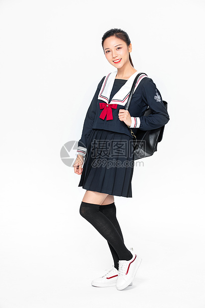 学院风学生JK服美女背书包图片
