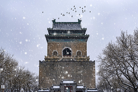 大雪2020年北京鼓楼的雪背景