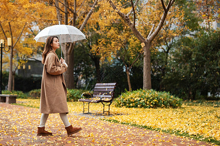 秋季雨天美女撑伞公园散步背景图片