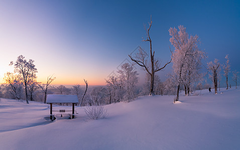 大雪养生吉林龙湾群冬天雾凇和村庄背景