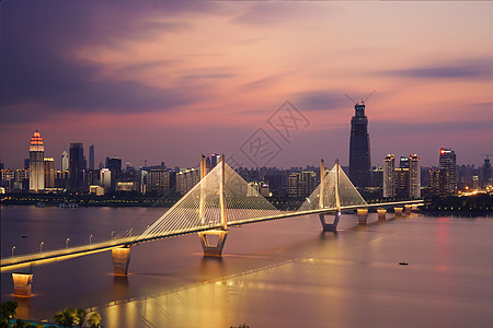 道路桥梁素材武汉长江二桥落日晚霞夜景背景