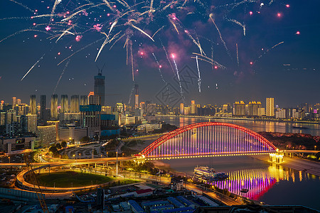 夜景城市武汉城市灯光秀夜景节日烟花背景