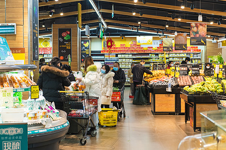 超市排队【媒体用图】疫情时戴口罩在商场购物的人们背景