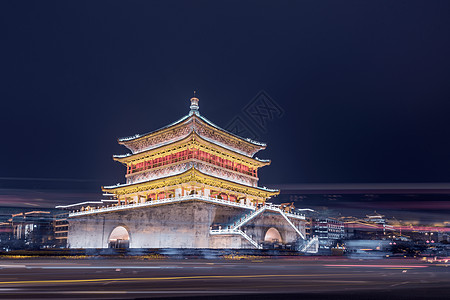 长栏西安鼓楼夜景灯光车轨线背景