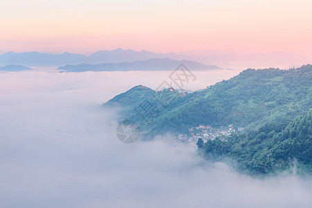 日月谷温泉安徽歙县大洲源山岭晨雾日出背景