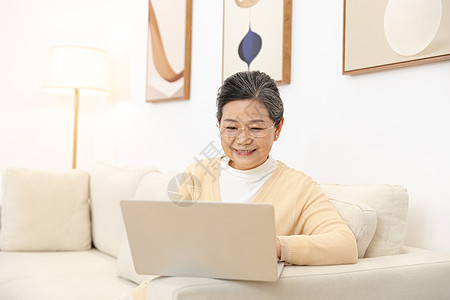 老年人坐沙发上用笔记本电脑背景图片