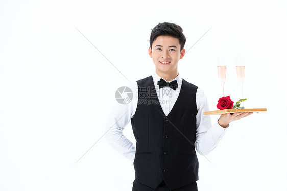 送香槟玫瑰花的服务员形象图片