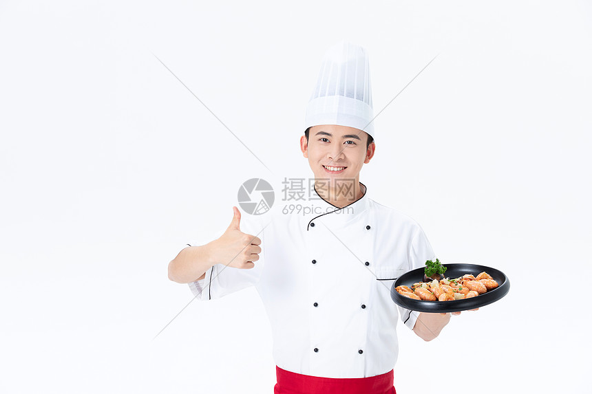 厨师手捧基围虾菜品点赞图片