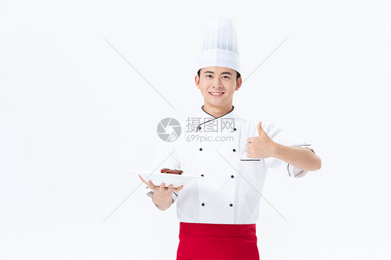 厨师手捧红烧肉菜品点赞图片