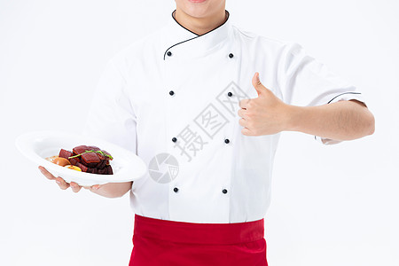 厨师手捧红烧肉菜品点赞图片