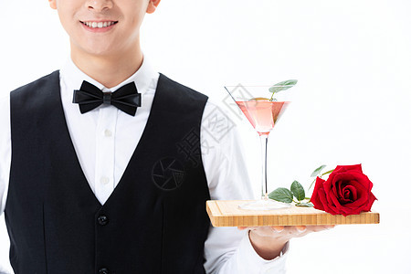 递送香槟和玫瑰花的服务员形象图片