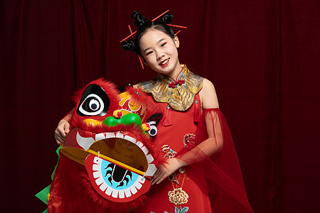 舞狮抗日国潮儿童拿着舞狮背景