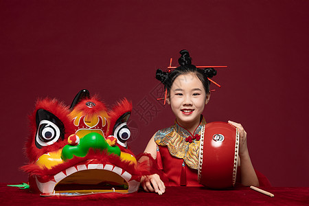 中国风潮流儿童看着舞狮图片