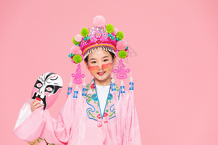 京剧扮相中国风潮流儿童拿着京剧面具图片