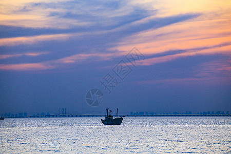 青岛胶州湾日落后的大海与晚霞背景