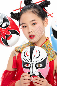 中国风潮流儿童拿着京剧面具背景图片
