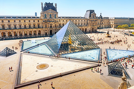巴黎左岸法国巴黎卢浮宫外景全景金字塔入口背景