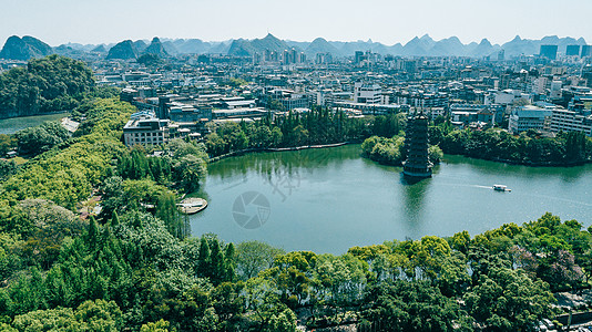 航拍桂林两江四湖日月双塔风景城市背景