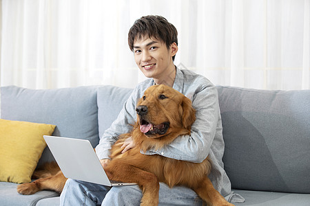 千人图狗抱着金毛犬办公的居家男孩背景